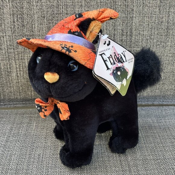 Vintage Halloween Friday Stuffed Black Cat Plush Sears Exclusive with Witch Hat - Picture 1 of 15